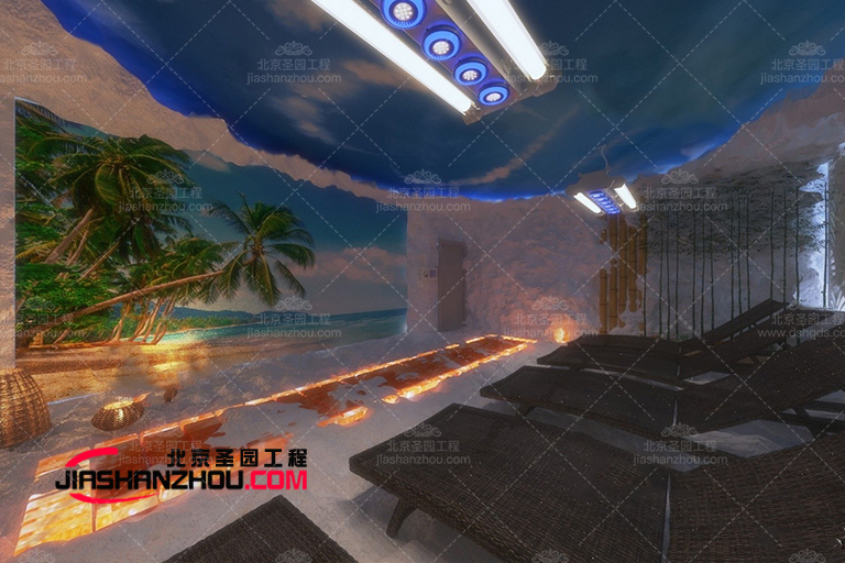 熱帶美學(xué)元素給鹽洞汗蒸鹽療房帶來舒適和溫暖的感覺