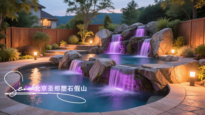 1749520850530304.jpeg jimeng-2025-06-08-43-這是一座戶外景觀溫泉池。其造型設計獨特,以仿巖石形態構建池壁,營造出自然的山石氛圍 ,搭配幾處小型瀑布,水流潺潺增添靈動之感。池內有紫色燈光照明,營造出夢幻的....jpeg