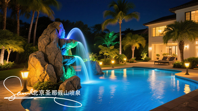 1750382944617093.jpeg jimeng-2025-06-20-1711-這是一處夜間的庭院水景景觀。畫面中心是一座以大塊仿真巖石打造的噴泉,巖石表面紋理....jpeg