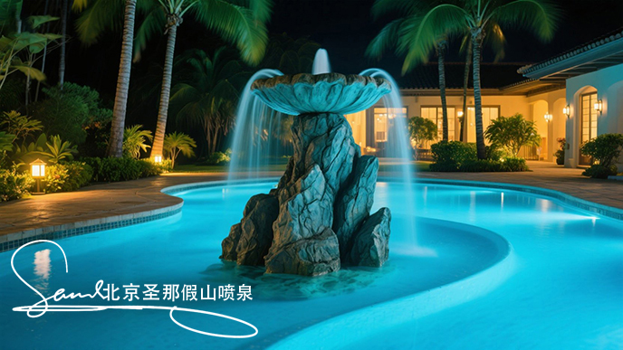 1750383029329744.jpeg jimeng-2025-06-20-4246-這是一處夜間的庭院水景景觀。畫面中心是一座以大塊仿真巖石打造的噴泉,巖石表面紋理....jpeg